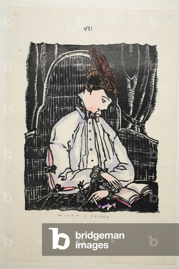 Reading a book, Plate 7, Book 11, illustration from 'Wiener Werkstatte Mode 1914/15', pub. Eduard Kosmack, Vienna, 1914-1915 (hand-coloured linocut)