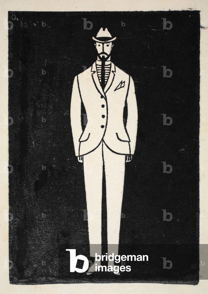 Gentleman in suit, Plate 10, Book 9, illustration from 'Wiener Werkstatte Mode 1914/15', pub. Eduard Kosmack, Vienna, 1914-1915 (hand-coloured linocut)