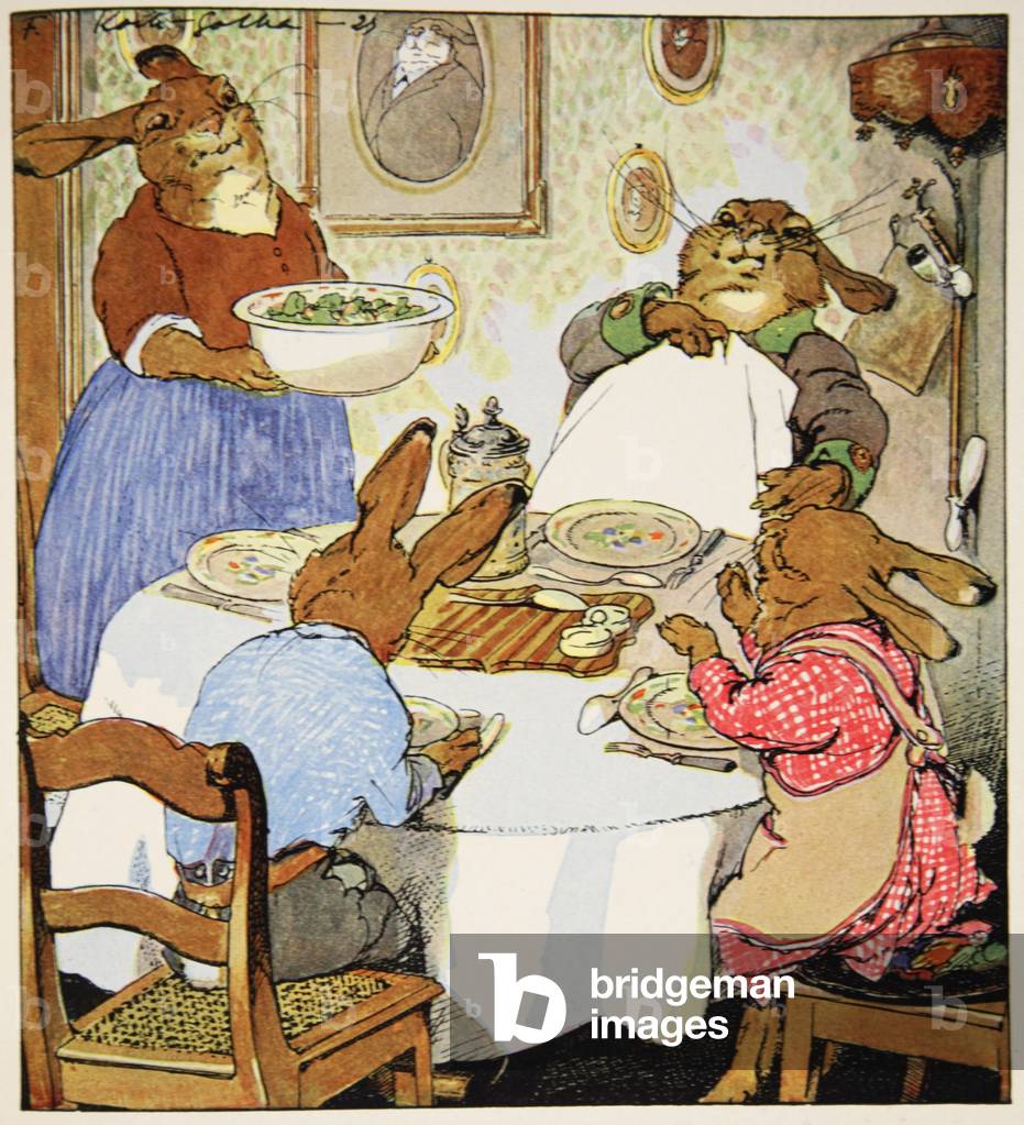 Home safe, illustration from 'De Haschenschule, ein Lustiges Bilderbuch' by Fritz Koch-Gotha and Albert Sixtus, 1924 (colour litho)