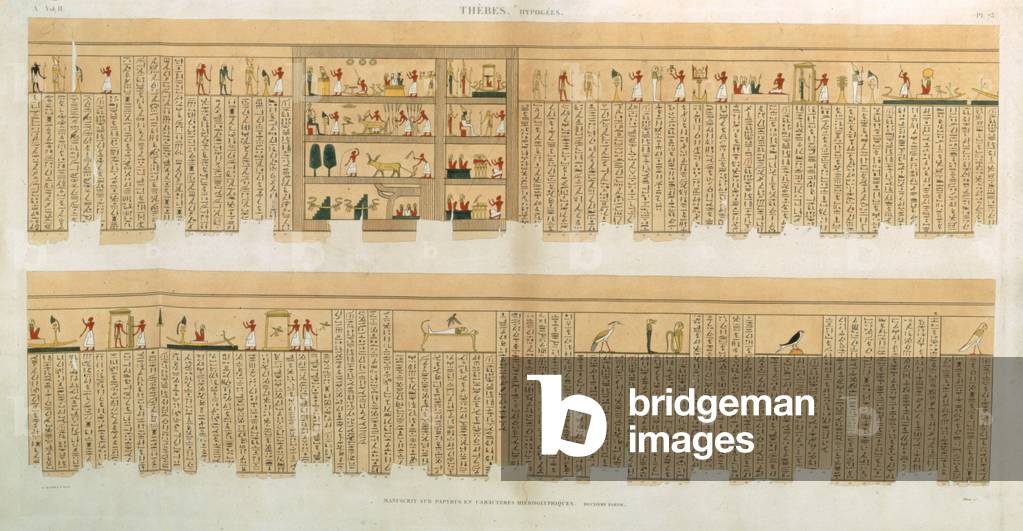 Illustrations of a Pampus manuscript with hieroglyphics, Hypogees, Thebes, plate 75 from Vol II of `Descriptions of Egypt`, engraved by Willemin, pub. 1822 (aquatint)