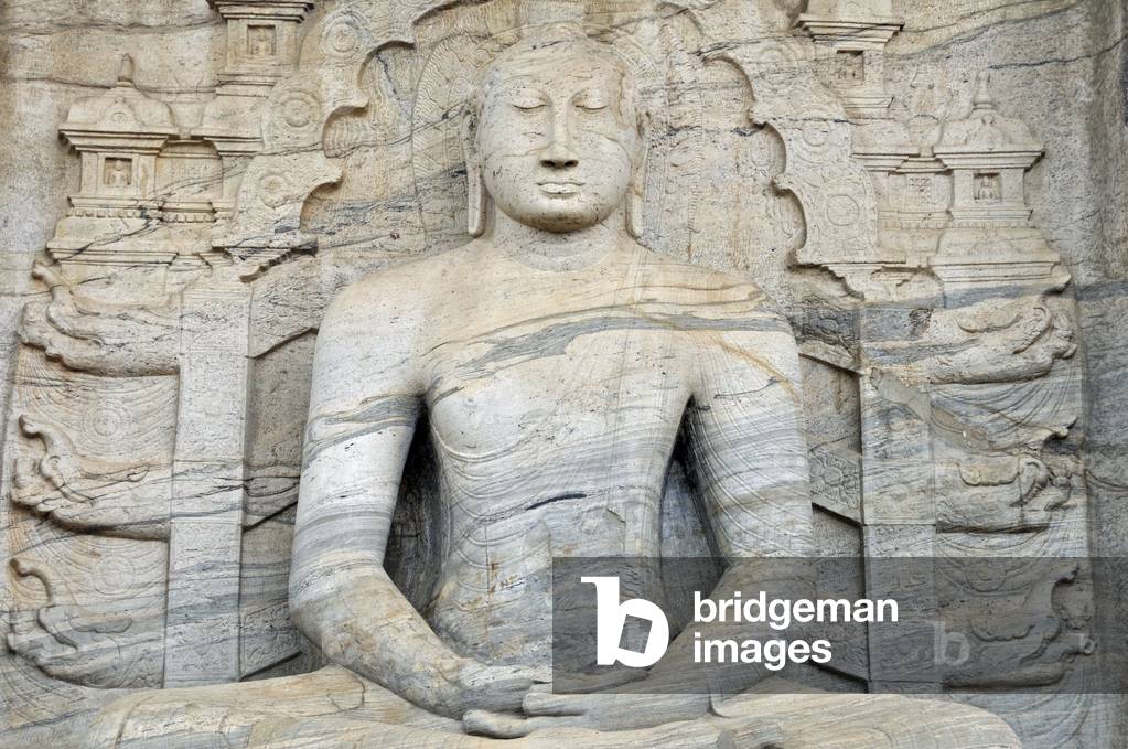 Seated Buddha in the gestus of Dhyana or Samadhi mudra in the rock temple Gal Vihara, Polonnaruwa, Sri Lanka (photo)