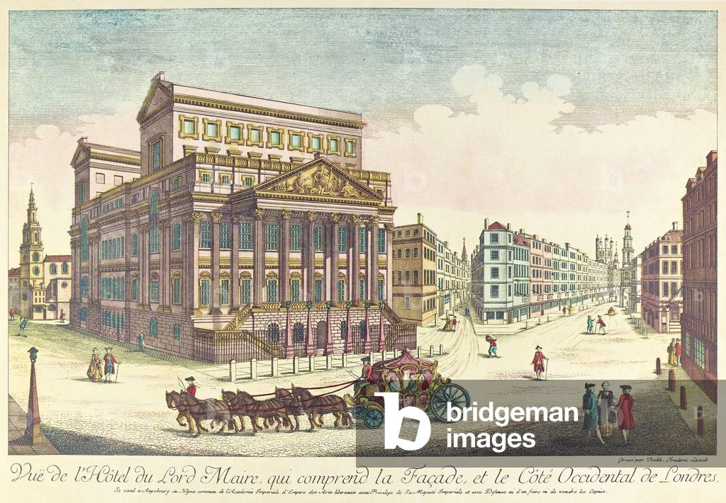 London, facade of the old town hall with view of the east part of the city, picture for a Zograscope, 2nd half of the 18th century (colour engraving)