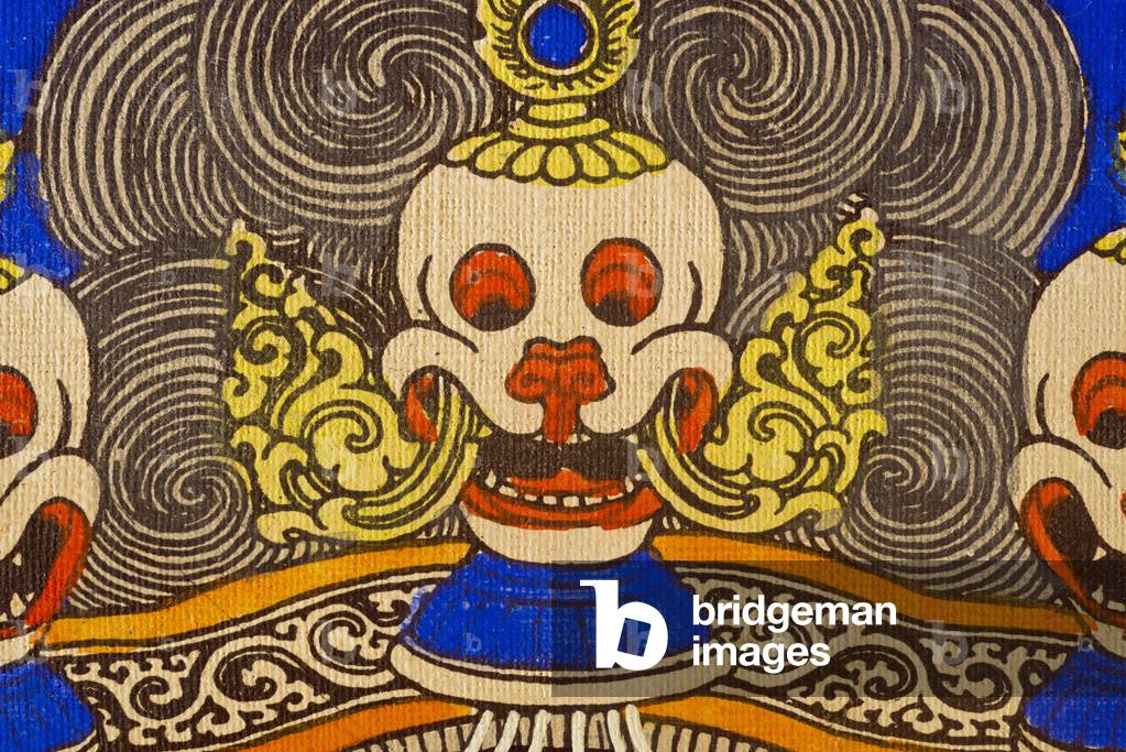 Skull crown of Yama, lord of death, presentation on a thangka (w/c on paper)