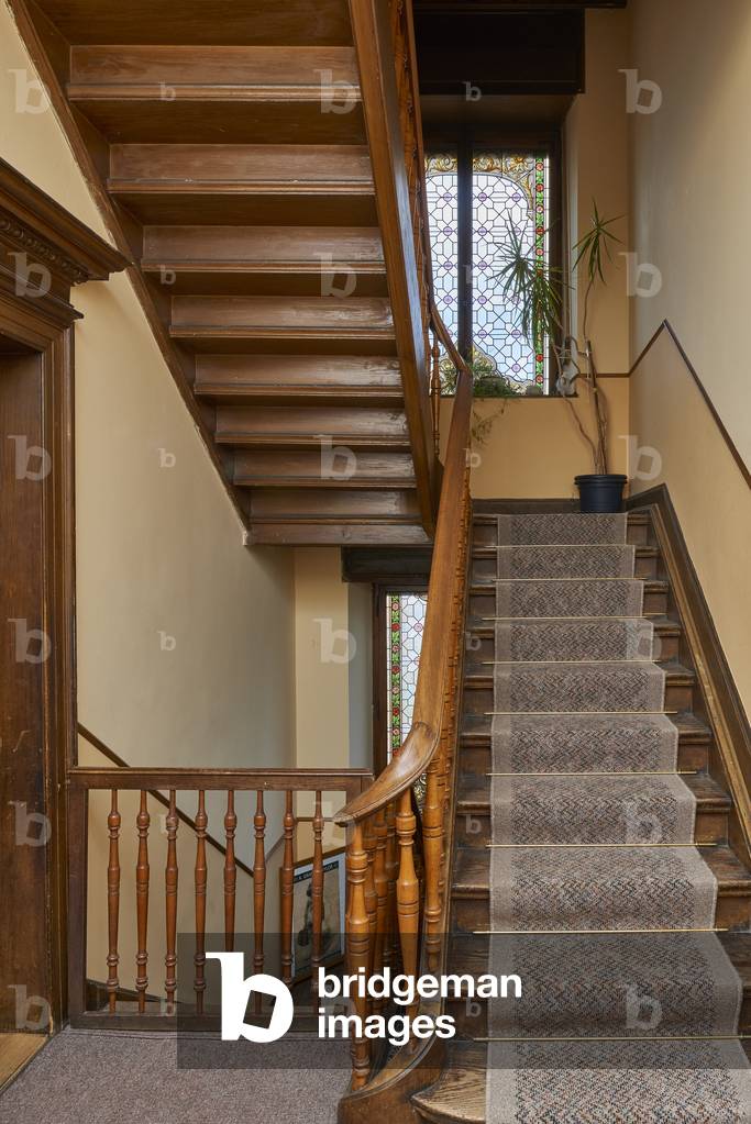 Monsheim, Villa Fliedner, staircase, window with stained glass, Rhinehesse, Rhineland-Palatinate, Germany