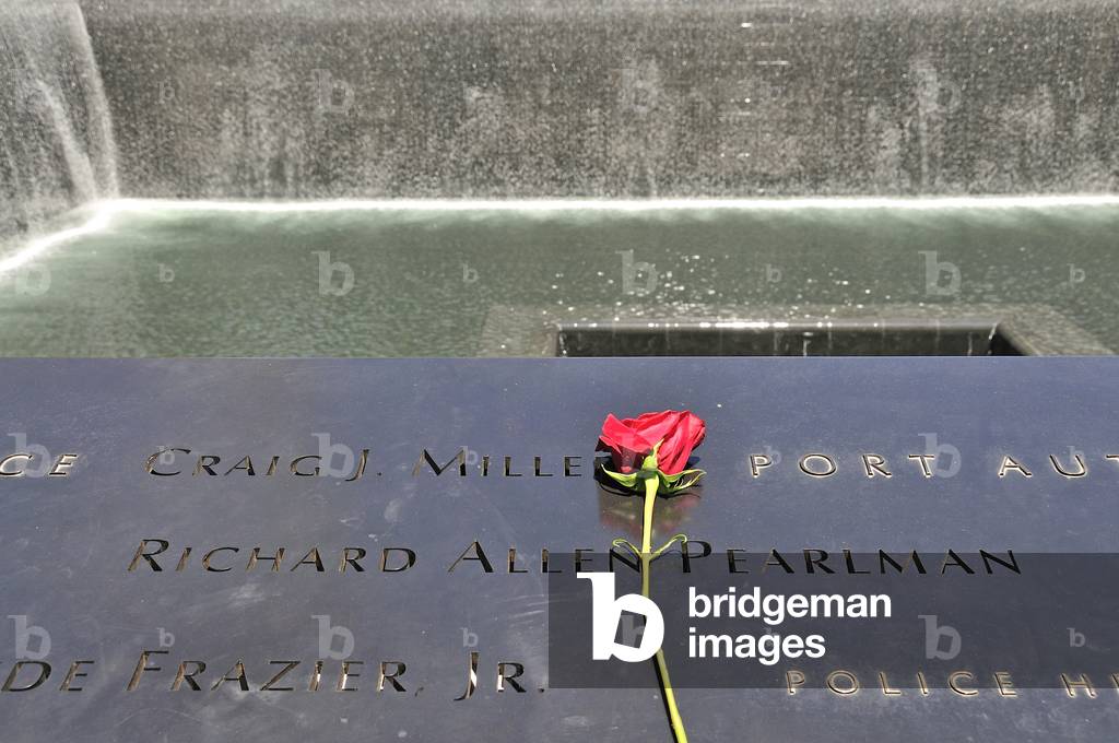 Names of victims, 9/11 memorial, south pool, New York City, USA (photo)