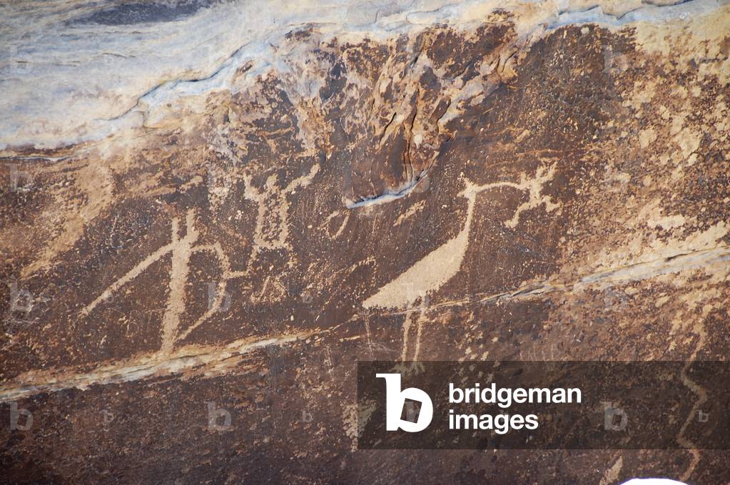 Petroglyphs of anthropomorphic and bird figures, Anasazi Culture (700-1300), Puerco Indian Ruins, Petrified Forest National Park, Arizona, USA (photo)