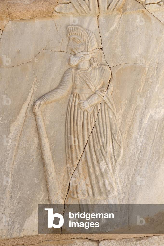 Theatre scene with an actor as Hercules, detail of the pulpitum before the stage of the Roman Theatre (marble)