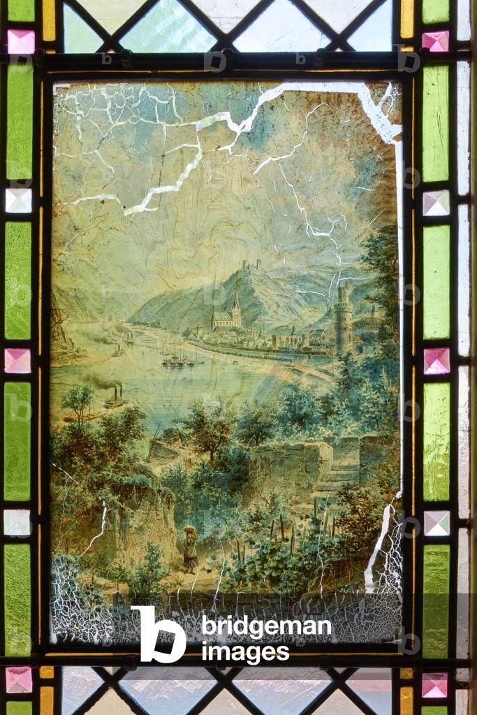 The Rhine at Oberwesel scene, painted on the back of a glass door panel of a three-sided farm (built 1895), Mettenheim (colour photo)