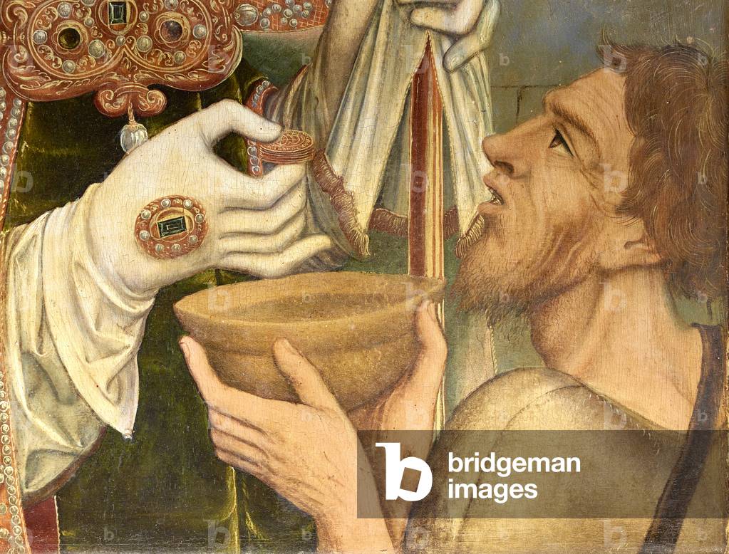 Albrecht von Brandenburg gives a beggar a gold coin, 1543 (oil on wood) (detail of 1630455)