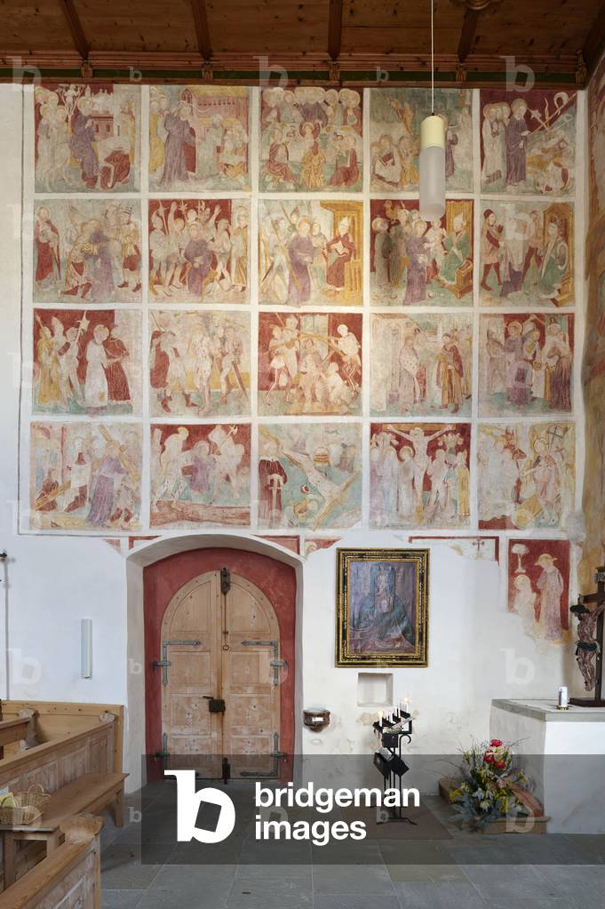 View of a fresco with the Passion of Christ, north wall, St. Nicholas Church, Damuels, Austria (photo)
