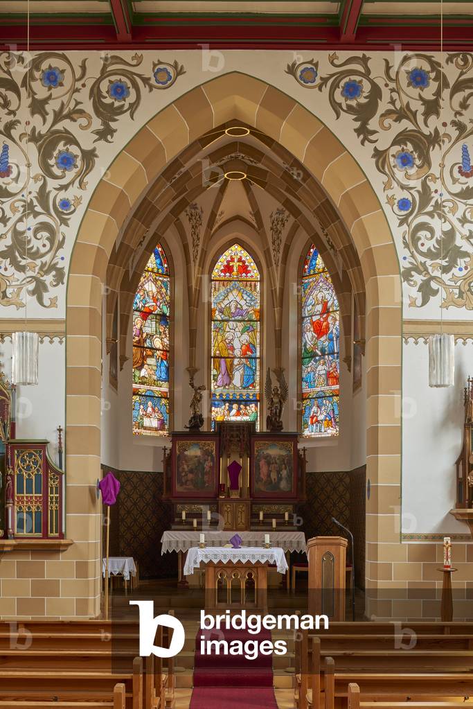 Interior view of Saint Michael Catholic church (built 1864-66) towards the choir and altar, (colour photo)
