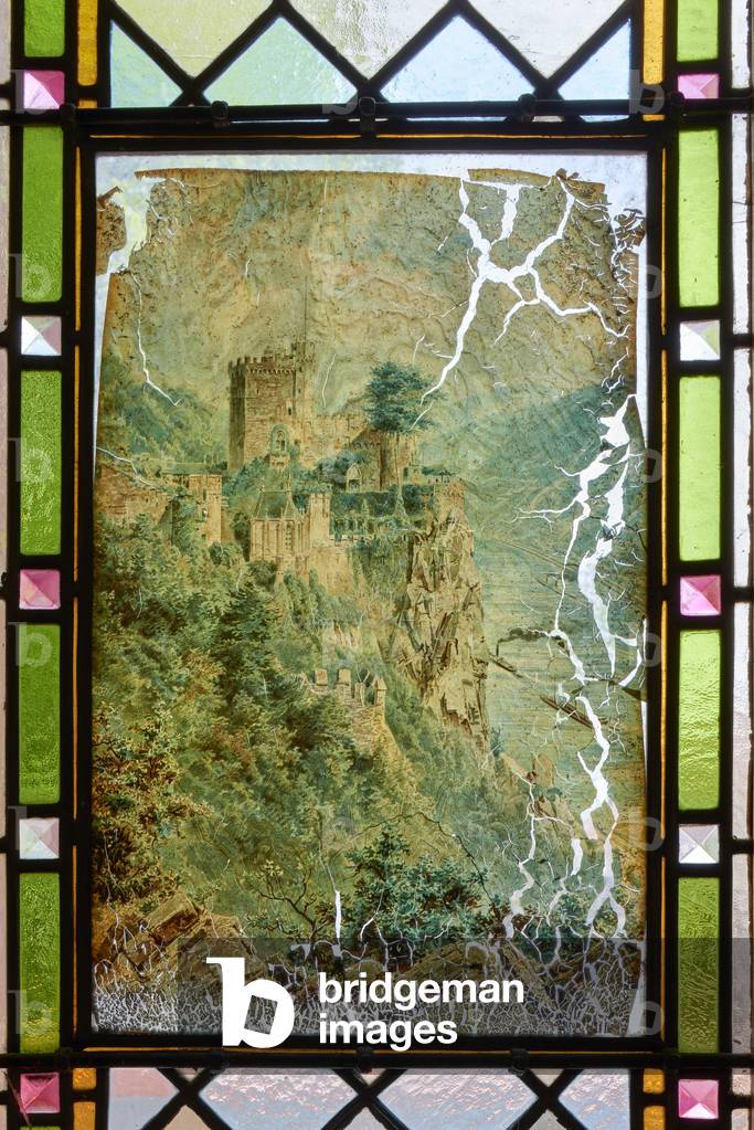 Rheinstein Castle scene, painted on the back of a glass door panel of a three-sided farm (built 1895), Mettenheim (colour photo)