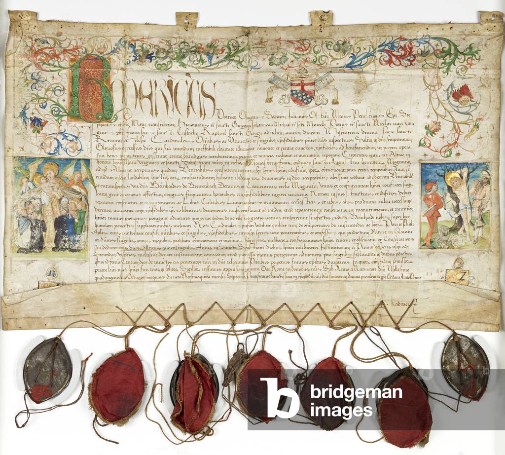 Letter of indulgence for the Sebastian fraternity in Mainz, 1484-85 (pen & ink and tempera on vellum, metal and textile) (see also 872117-8)