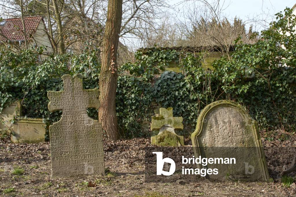 18th century gravestones at the cemetery of the Church of Mary Magdalen and Saint James, Hangen-Wahlheim, Alsheim (colour photo)