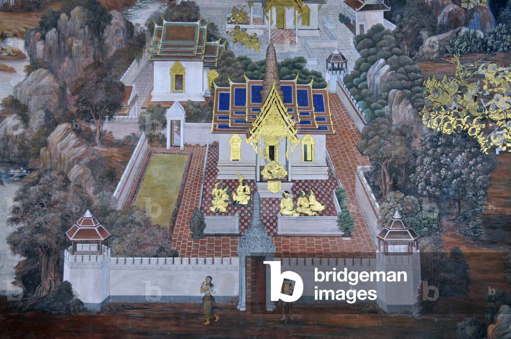 Scene of the Ramakien (Ramakian, Ramayana, the Epos of Rama) in the temple Wat Phra Kaew, Bangkok, Thailand (photo)