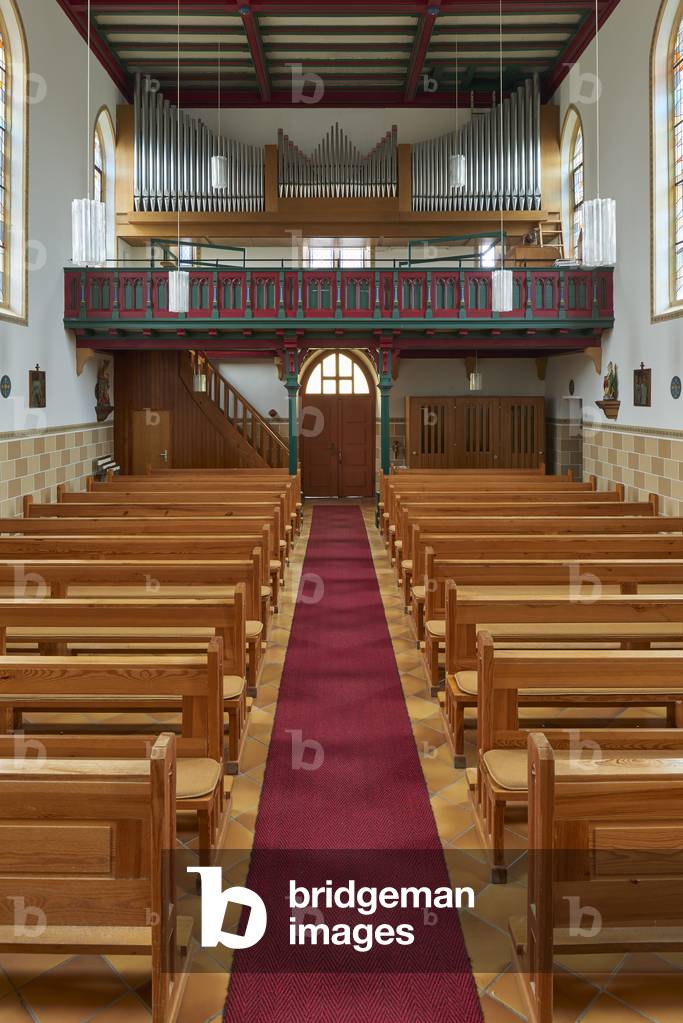 Interior view of Saint Michael Catholic church looking towards the entrance, Eich (colour photo)
