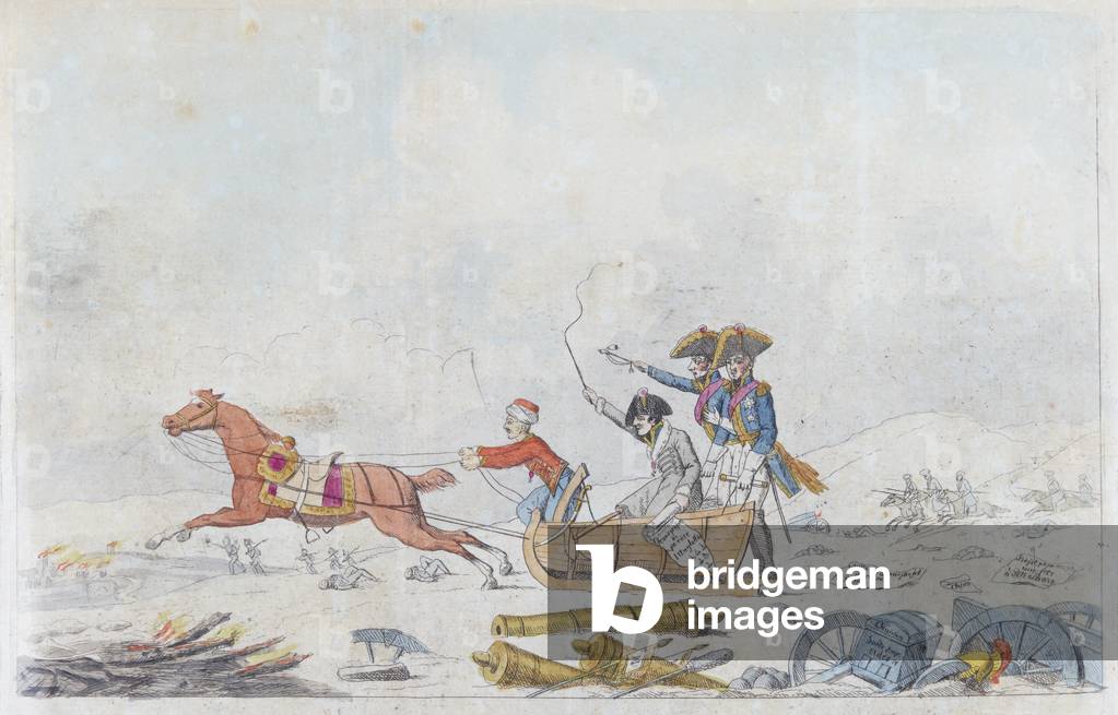 Napoleon at the retreat from Russia in 1812, c.1812-13 (hand-coloured etching)