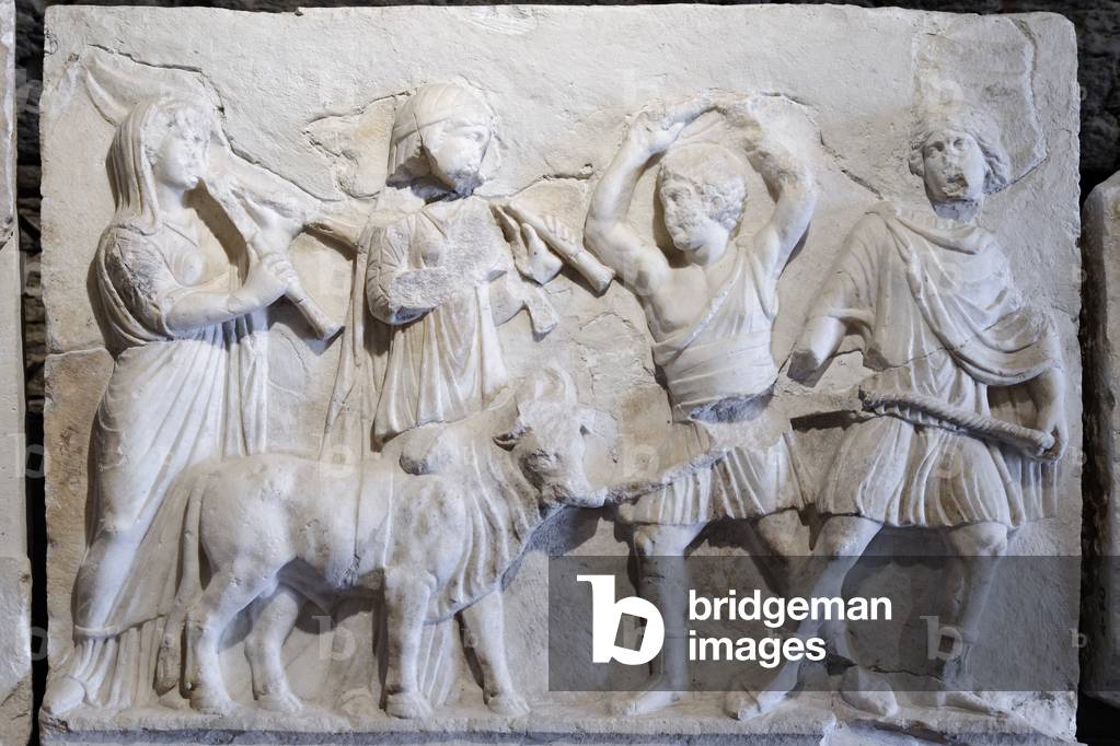Relief depicting a sacrifice procession with musicians, sacrificial bull, drawn by the victim's servant (marble)