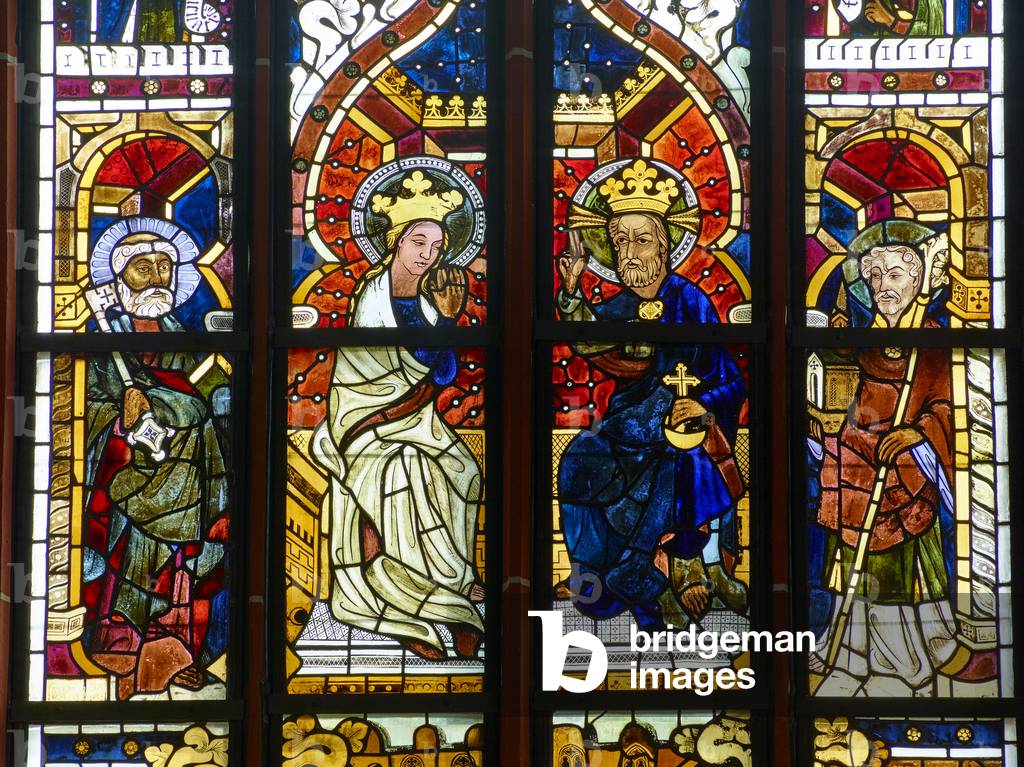 Stained glass window of the blessing of the Virgin Mary (1406) at 15th century fortified church, Ingelheim (colour photo)
