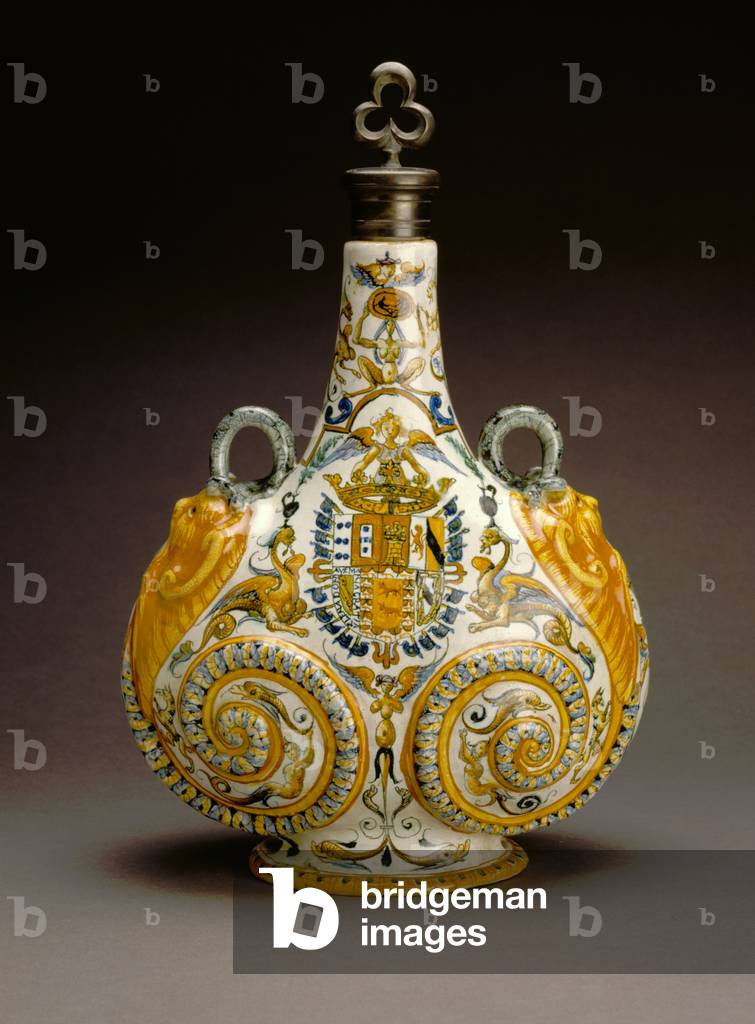 Pilgrim Flask, c.1580-90 (tin-glazed earthenware with pewter stopper)
