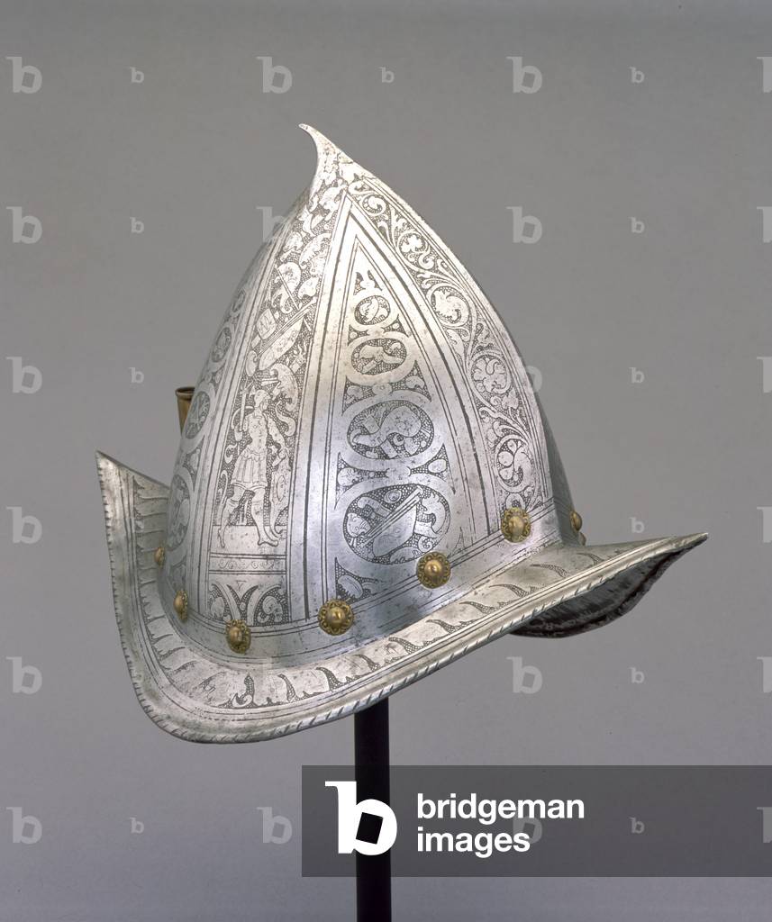 Morion-Cabasset Helmet, 1580-90 (etched steel, brass & modern leather)