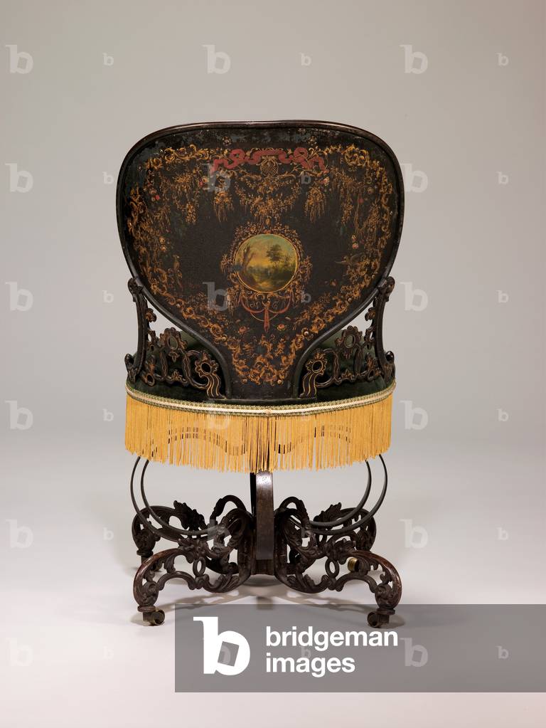Centripetal Spring Chair, back view, c.1850 (painted and gilded iron, painted steel, wood, and replacement cotton velvet upholstery with silk fringe)