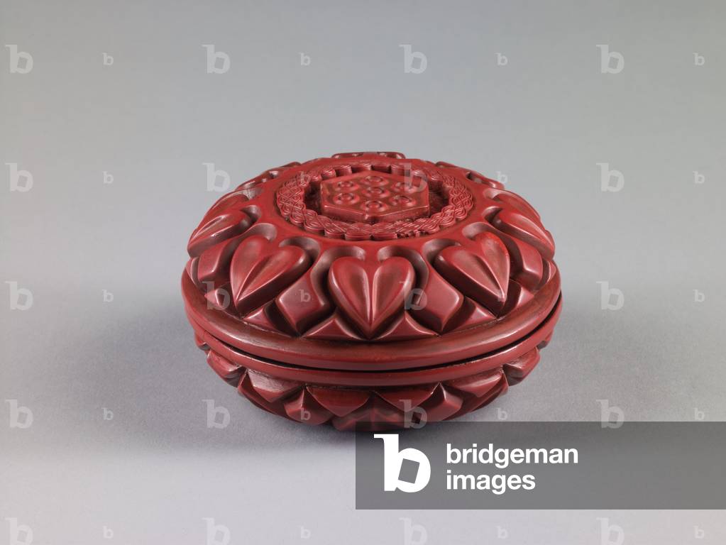 Covered Incense Box with design of Lotus Seed Pod and Petals (carved red lacquer over metal core) 