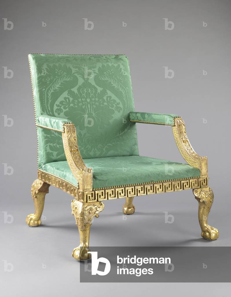 Armchair, c.1740 (gilded walnut, beech, brass & reproduction silk damask upholstery)