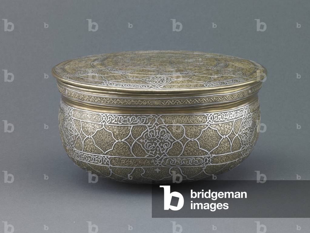 Covered Bowl, side view, second half 15th century (copper alloy with silver inlay)
