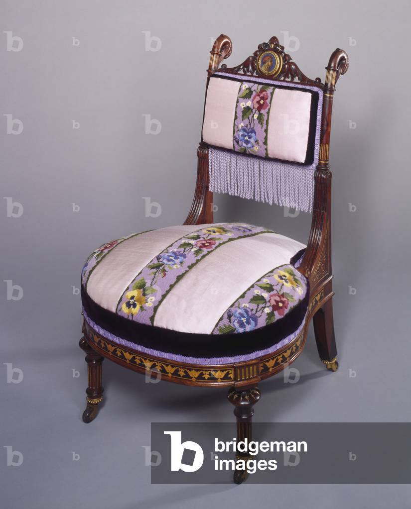 Sewing Chair, c.1870 (rosewood, light & dark wood marquetry, ash, paint, gilding & brass with reproduction silk & wool upholstery)