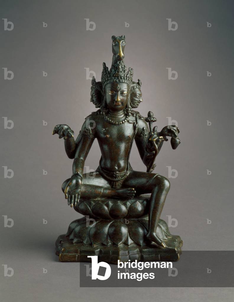 Seated Hyagriva Lokesvara, Utpala dynasty, 8th-9th century (bronze with silver & copper inlays and pigment)