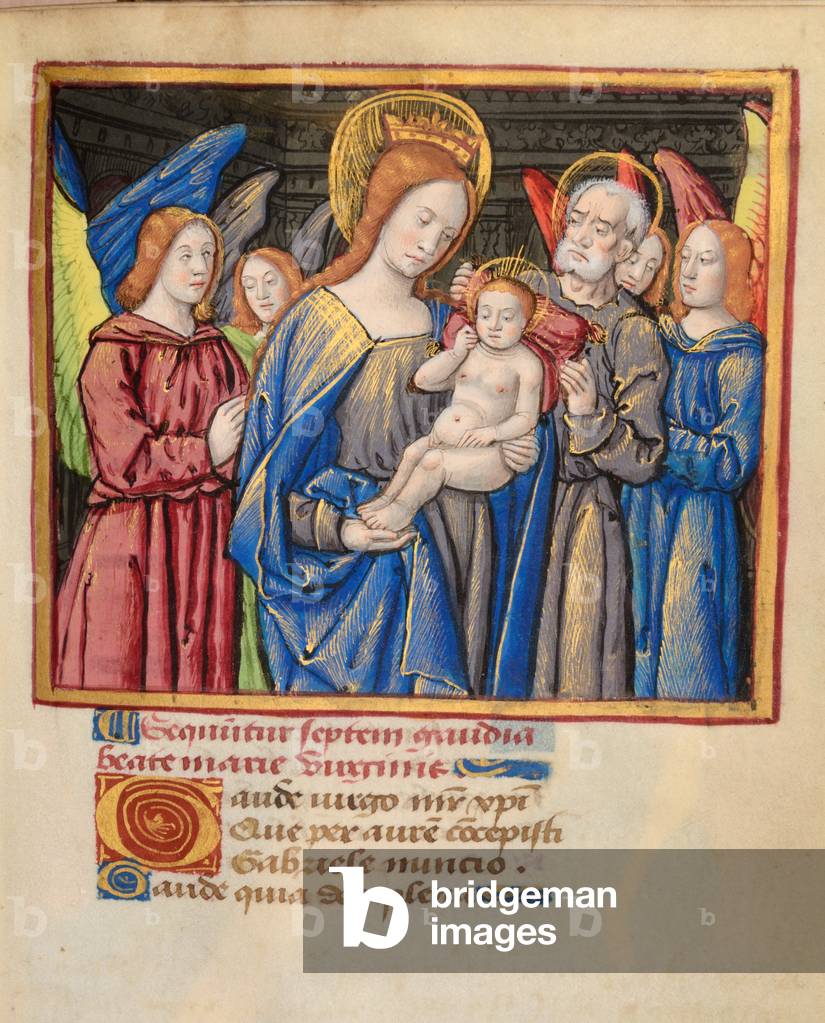 Ms 45 fol.23r Virgin and Child with saint and angels, from Preces Variae, c.1500 (gouache & bodycolour on vellum)
