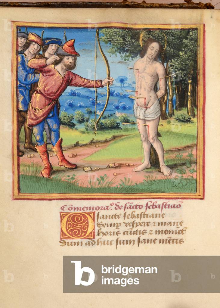 Ms 45 fol.32v St. Sebastian, from Preces Variae, c.1500 (gouache & bodycolour on vellum)