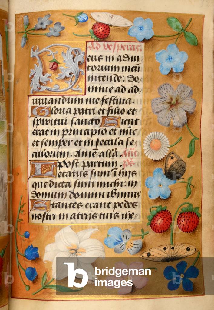 Ms 60 fol.32r Text with flower border, from the Hours of Katherine Bray, c.1480-90 (gouache & bodycolour on vellum)