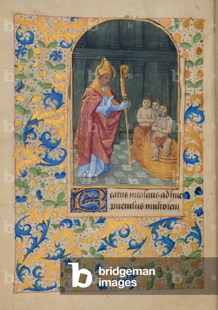 Ms 37 fol.195v St Nicholas, from the Hours of Elizabeth Plantagenet, c.1475 (gouache & bodycolour on vellum)