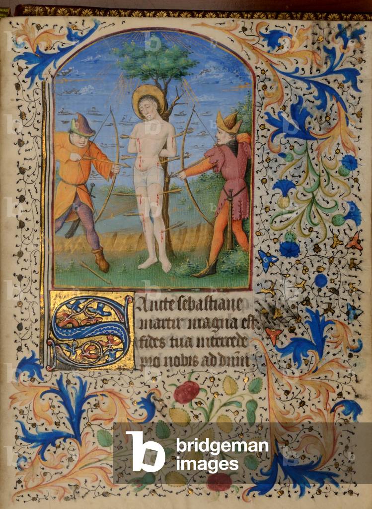 Ms 38 fol.172 St. Sebastian, from the Hours of Jeanne de Bourbon, c.1475 (gouache, bodycolour and gilding on vellum)