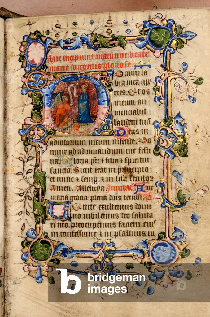 Ms 57 fol.41r Illuminated text with miniature, from the Hours of Cardinal Wolsey, c.1400 (gouache, bodycolour & gilding on vellum)