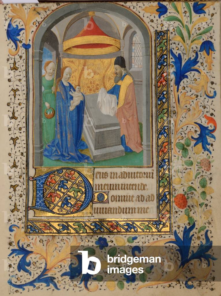 Ms 38 fol.77r Presentation, from the Hours of Jeanne de Bourbon, c.1475 (gouache, bodycolour and gilding on vellum)