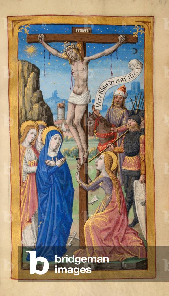 Ms 59 fol.47r Crucifixion, from the Hours of Madeleine Levesque, c.1480 (gouache & bodycolour on vellum)