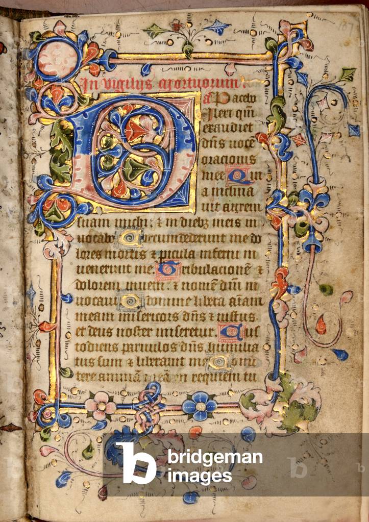 Ms 57 fol.107r Illuminated text, from the Hours of Cardinal Wolsey, c.1400 (gouache, bodycolour & gilding on vellum)