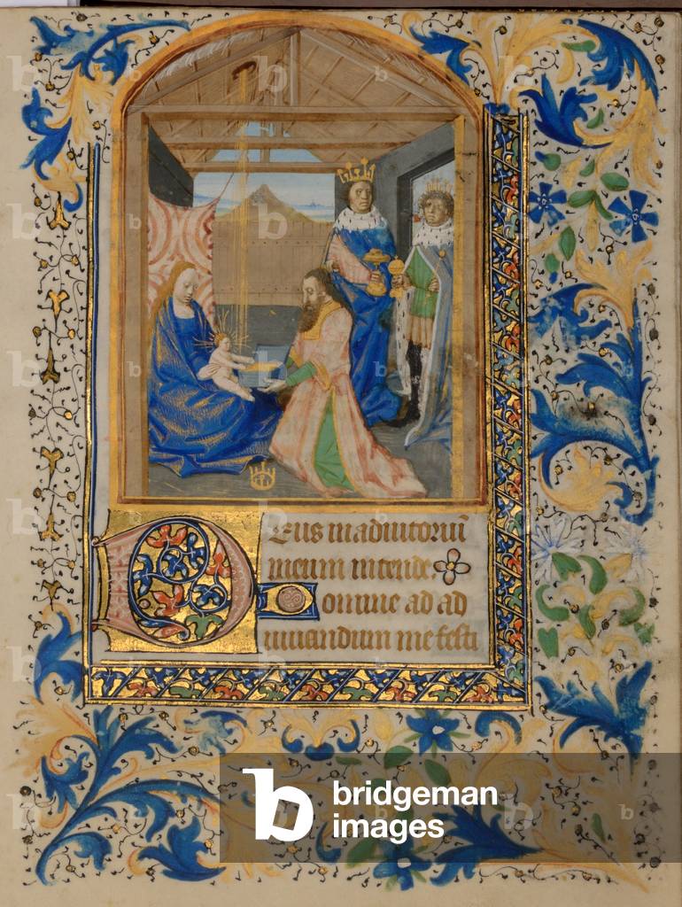 Ms 38 fol.81r Adoration of the Magi, from the Hours of Jeanne de Bourbon, c.1475 (gouache, bodycolour and gilding on vellum)