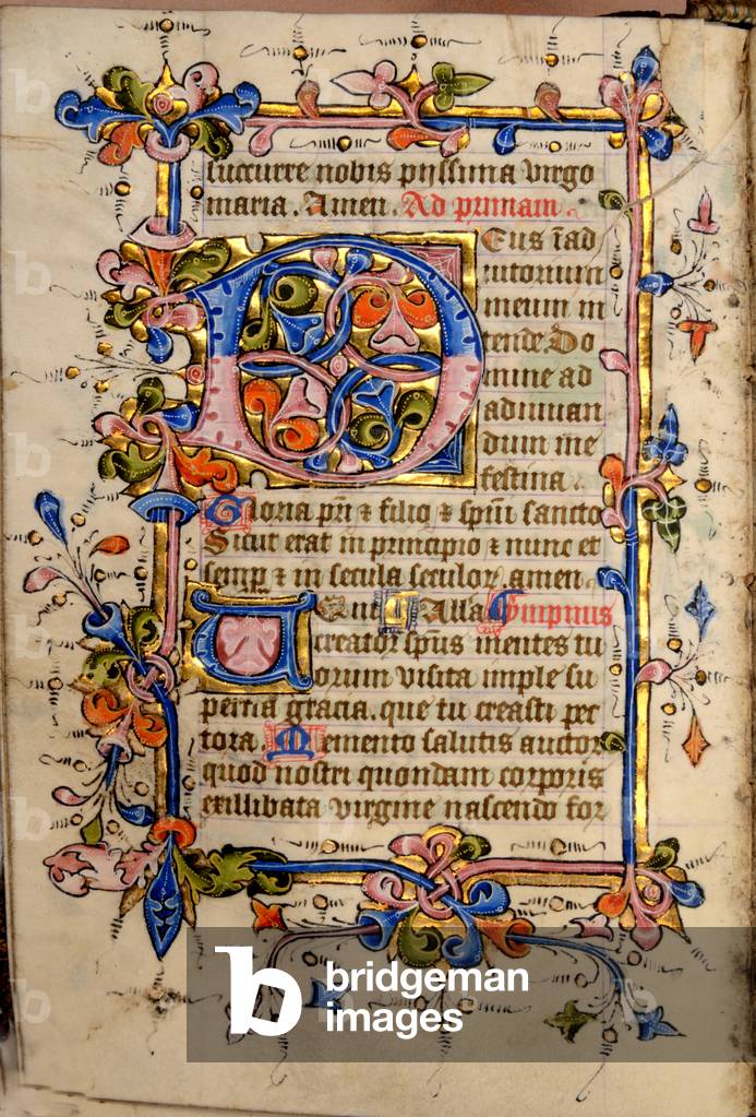 Ms 57 fol.60v Illuminated text, from the Hours of Cardinal Wolsey, c.1400 (gouache, bodycolour & gilding on vellum)