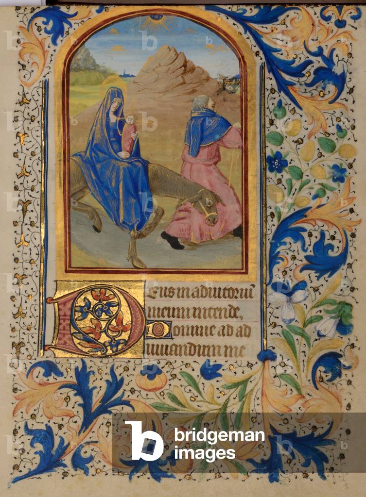 Ms 38 fol.85r Flight into Egypt, from the Hours of Jeanne de Bourbon, c.1475 (gouache, bodycolour and gilding on vellum)