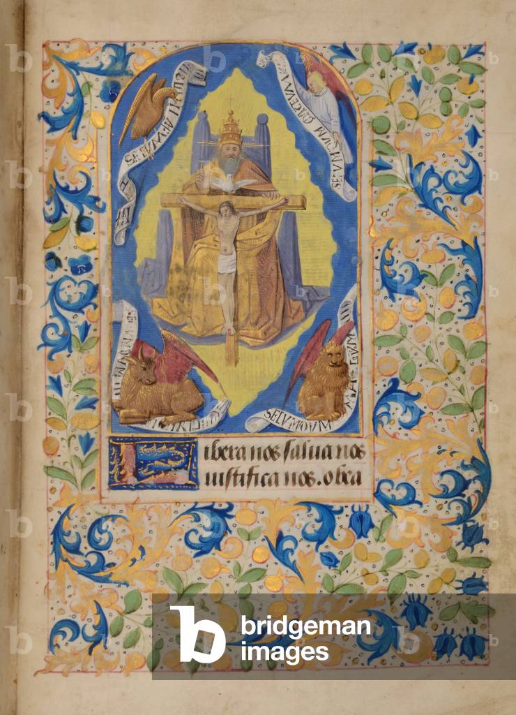 Ms 37 fol.190r Trinity with symbols of the Evangelists, from the Hours of Elizabeth Plantagenet, c.1475 (gouache & bodycolour on vellum)
