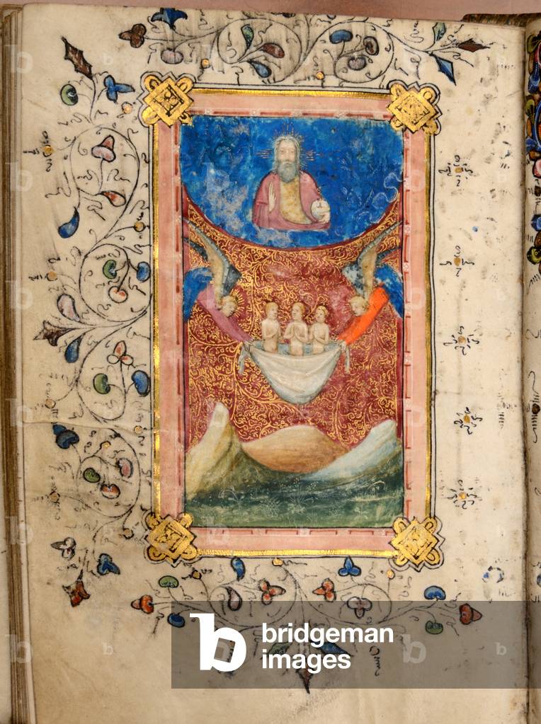 Ms 57 fol.135v Ascension of holy souls, from the Hours of Cardinal Wolsey, c.1400 (gouache, bodycolour & gilding on vellum)