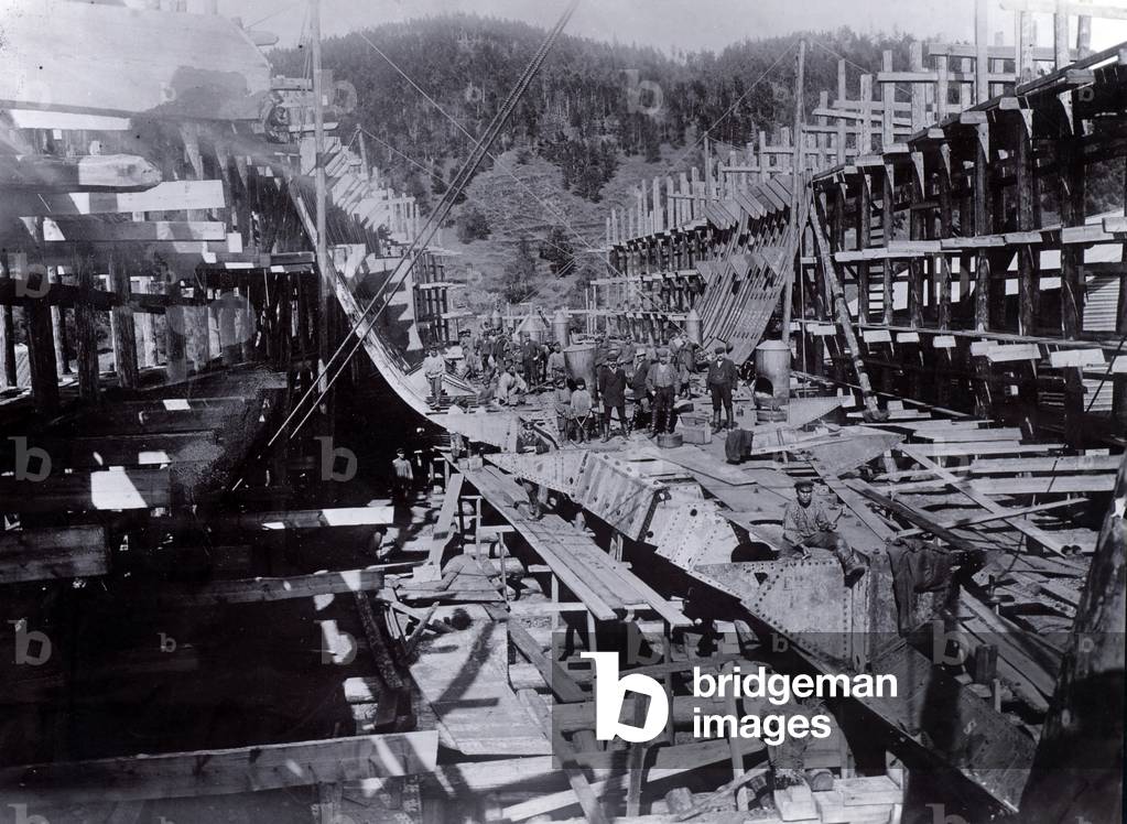 Yard no. 647, Baikal. Showing the ice breaking train ferry steamer 'Baikal' under construction at Lake Baikal, 1896 (b/w photo)