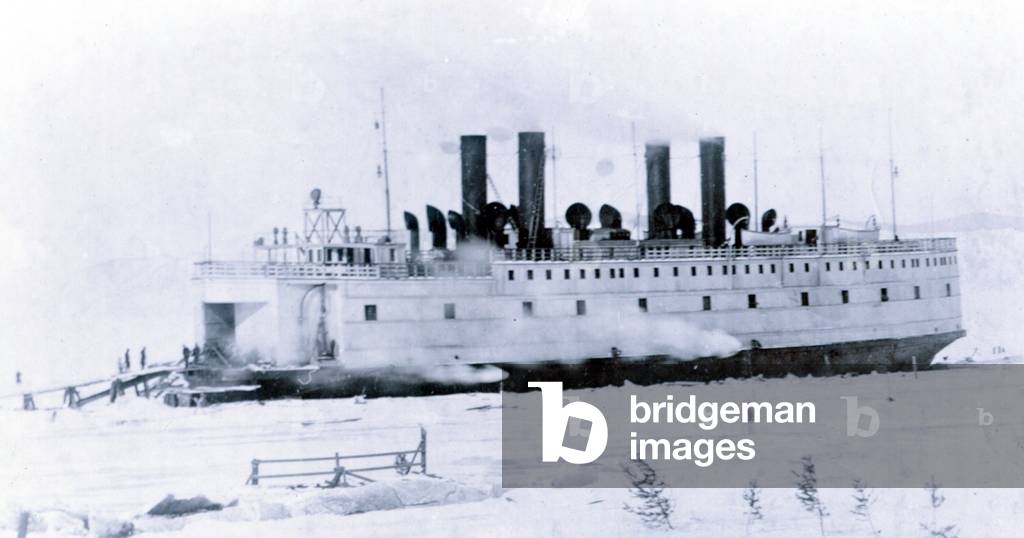 Yard no. 647, Baikal. Showing the ice breaking train ferry steamer 'Baikal' in the ice