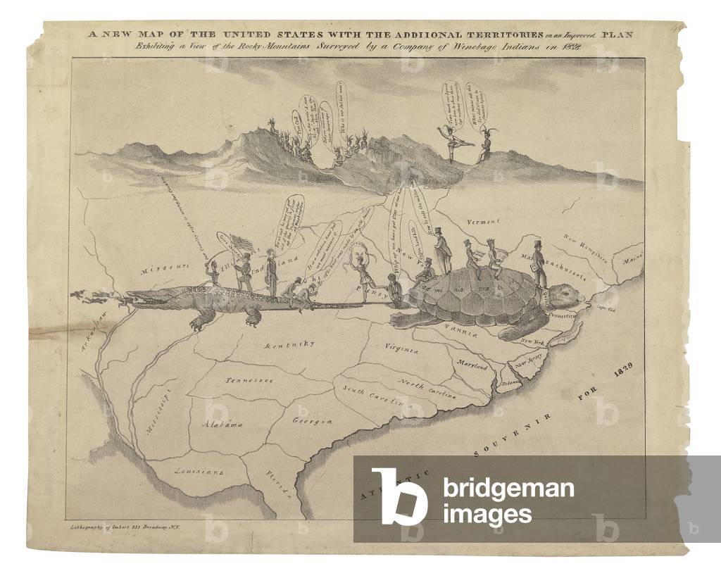 A New Map of the United States with the Addiional (sic) Territories on an Improved Plan, Exhibiting a View of the Rocky Mountains Surveyed by a Company of Winebago Indians in 1828 (litho)