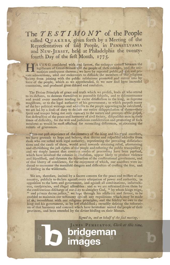 'The Testimony of the People Called Quakers, Given Forth by a Meeting . . . in Pennsylvania and New-Jersey', Philadelphia, 1775 (print)