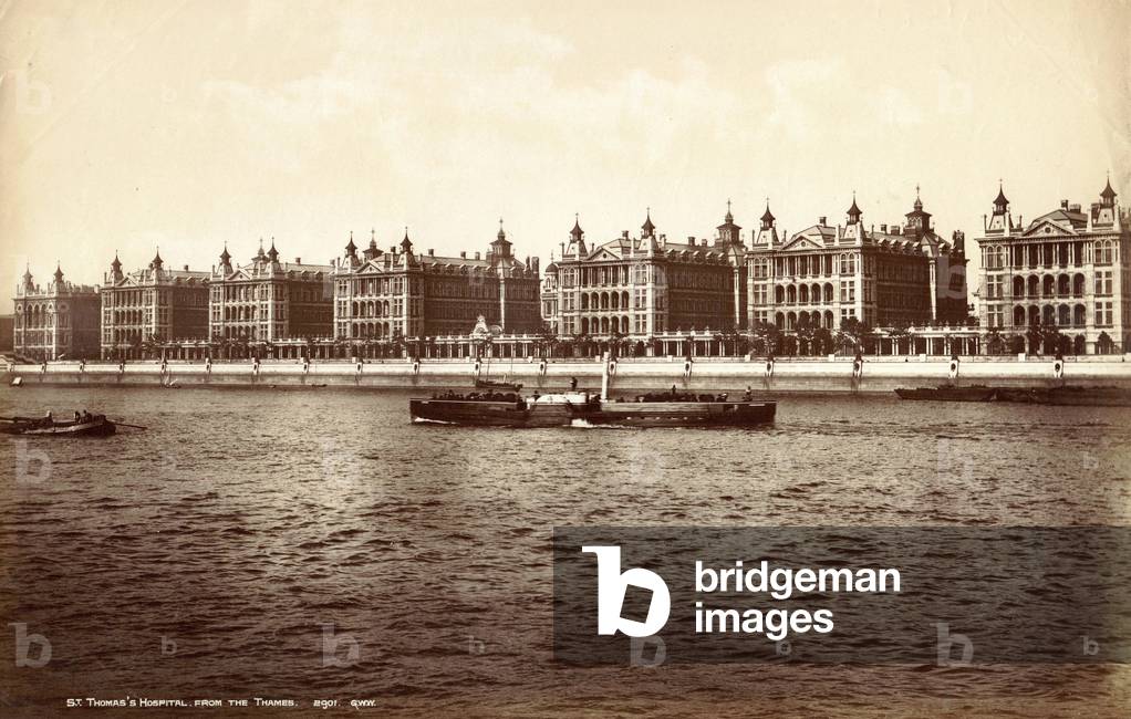 St. Thomas' Hospital from the Thames, London, c.1885 (b/w photo)